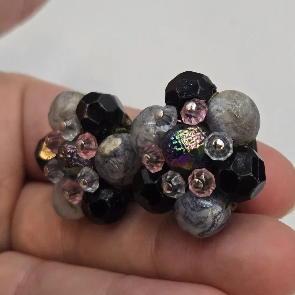 Vintage Earrings West Germany Marked Iridescent Bead Cluster Purple Black Clip
